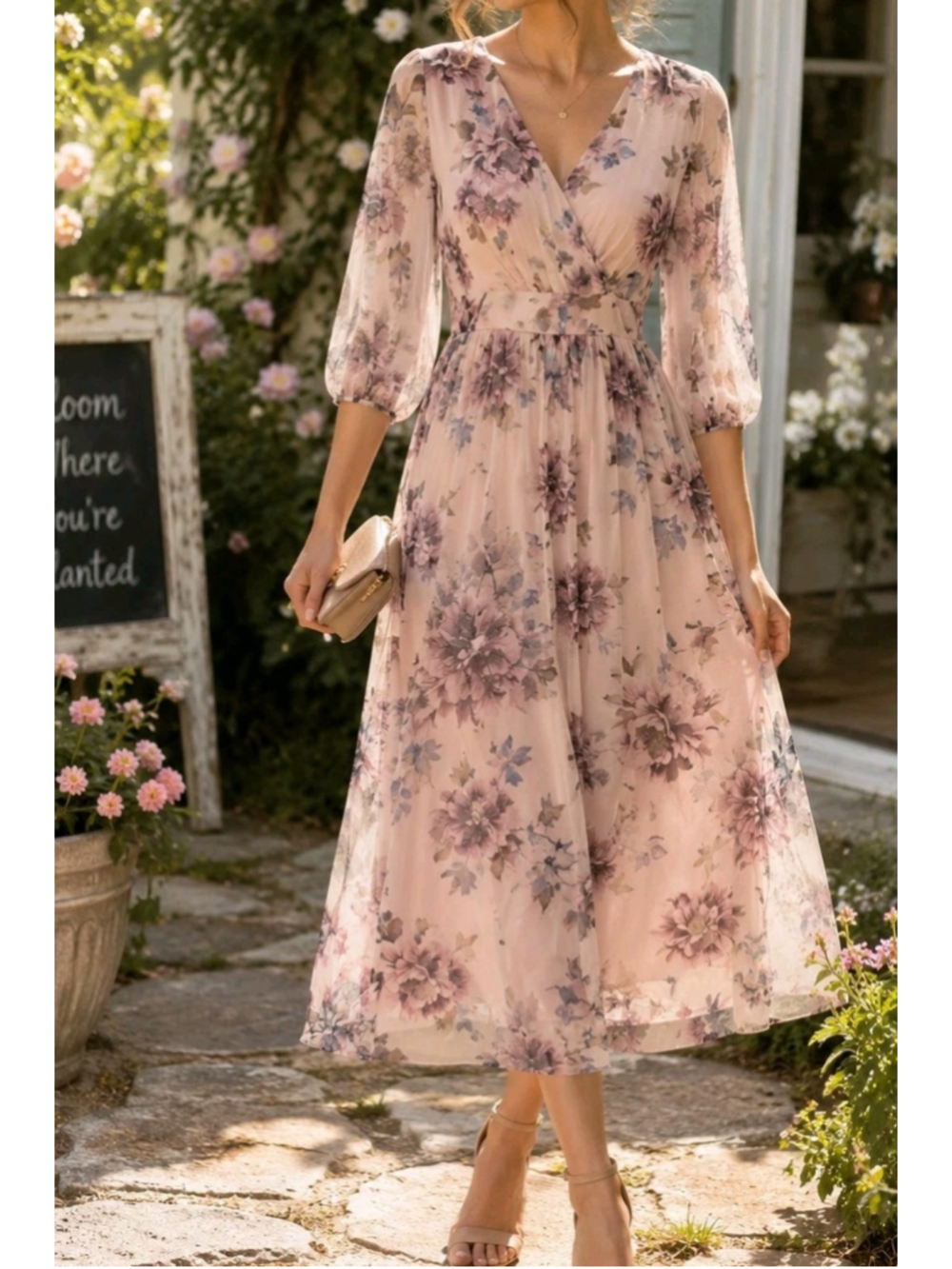 Cardalite Petite PM Purple Floral Mesh Midi Dress Sheer Sleeve Wedding Guest NWT